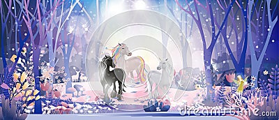 Fantasy cute little fairies flying and playing with Unicorn family in magic forest at Christmas night, Vector illustration Vector Illustration