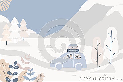 Fantasy cute winter landscape.Family car trip with suitcases.Trendy fashion plants,leaves,mountains,sun and nature in minimalist Vector Illustration