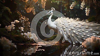 fantasy 3d image of an albino white peacock in the forest. Stock Photo