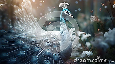 fantasy 3d image of an albino white peacock in the forest. Stock Photo