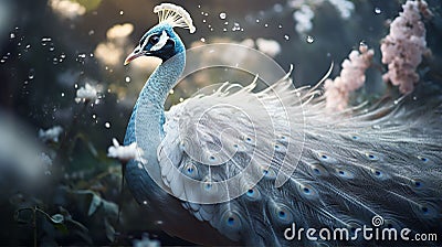 fantasy 3d image of an albino white peacock in the forest. Stock Photo