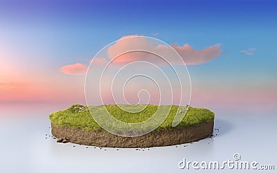 Fantasy 3D rendering circle podium grass field, paradise round soil cross section isolated on surreal purple sunset sky Stock Photo