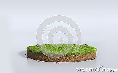 Fantasy 3D rendering circle podium grass field, paradise round soil cross section isolated on white empty background Stock Photo