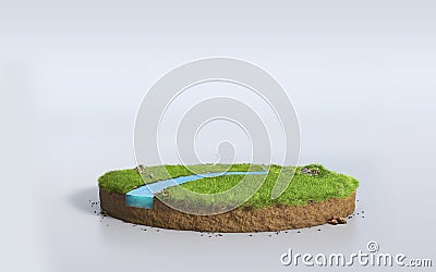 Fantasy 3D rendering circle podium grass field with river, surrealism round soil cutaway on white empty backdrop Stock Photo