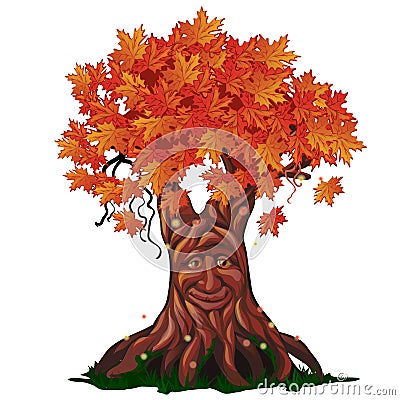 Fantasy deciduous tree with face in the fall isolated on white background. Golden autumn in the enchanted forest. Vector Vector Illustration