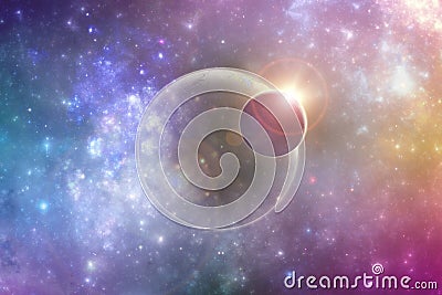 Fantasy deep space planets in colorful celestial clouds Cartoon Illustration