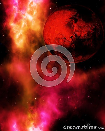 Fantasy deep space with red planet Stock Photo