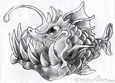 Fantasy deep water fish - pencil sketch Stock Photo