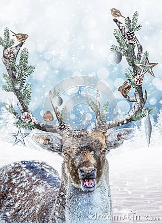 Fantasy deer with decorated antlers. Christmas holiday fantasy scene. Stock Photo