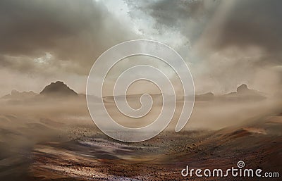 Fantasy desert landscape with sandy storm Stock Photo