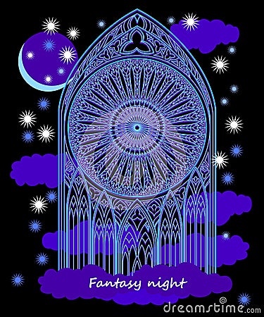 Fantasy drawing of ancient Gothic stained glass window at night. Modern print for logo, icon, symbol, fabric, embroidery, Vector Illustration