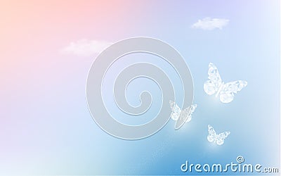Fantasy dreaming sky with low poly butterflies in pastel color background. Hologram heaven rainbow and magic colorful cloudscape Vector Illustration