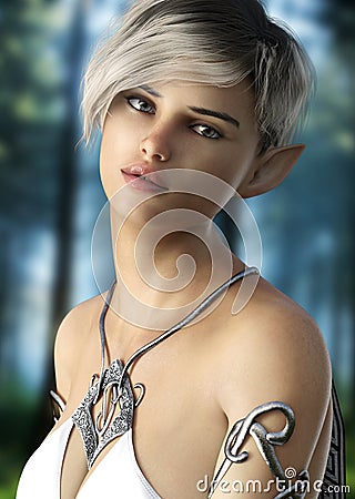 Fantasy elf female with short hair . Posing with a woods background. Stock Photo