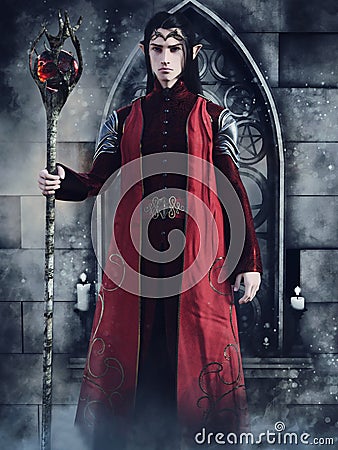 Fantasy elf sorcerer with a magic staff Stock Photo