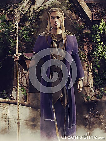 Elf sorcerer with a wooden staff Stock Photo