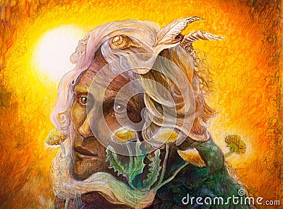 Fantasy elven fairy man portrait with dandelion, colorful Stock Photo