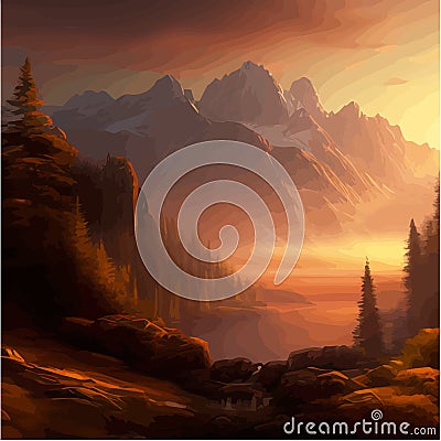 Fantasy epic magic mountain landscape. Summer nature. Mystical valley Vector Illustration