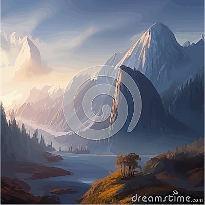 Fantasy epic magic mountain landscape. Summer nature. Mystical valley Vector Illustration