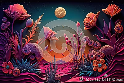 Fantasy extraterrestrial plants and fungus on cosmic landscape background. Generative illustration Stock Photo