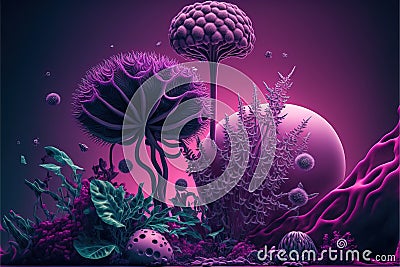 Fantasy extraterrestrial plants and fungus on cosmic landscape background. Generative illustration Stock Photo