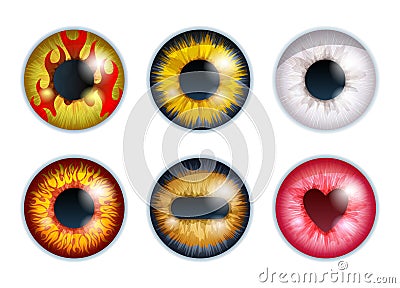 Fantasy eyes set - assorted colors. Iris pupils design. Vector Illustration