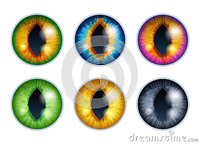 Fantasy eyes set - assorted colors. Iris pupils design. Vector Illustration