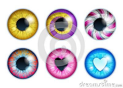 Fantasy eyes set - assorted colors. Iris pupils design. Vector Illustration