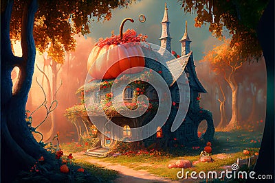 Fantasy fairly tale pumpkin house in garden, ai illustration Cartoon Illustration
