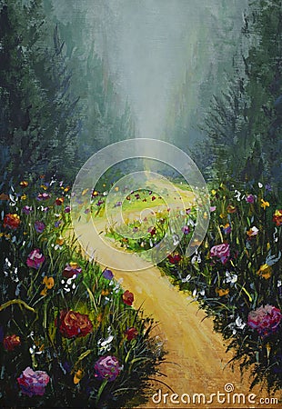 acrylic painting flower road in fairy forest. Stock Photo