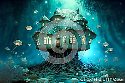 Fantasy fairy tale house in the forest with tree roots and mushrooms Stock Photo