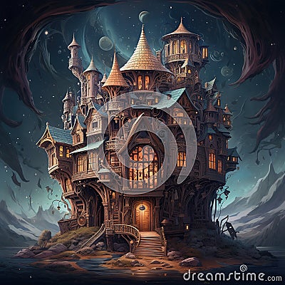 Fantasy fairy tale scene with haunted house Stock Photo