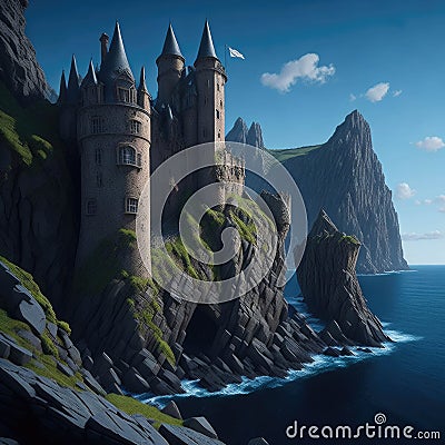 Fantasy Fairytale Castle Fortress On Sea Ocean Cliff, Night With Warm Lights Generative Ai Stock Photo