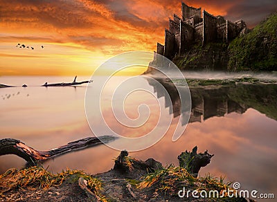 Fantasy fairytale castle on the sea cliff. Stock Photo