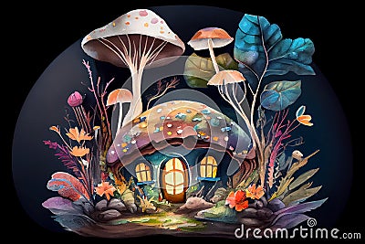 Fantasy fairytale mushroom house, ai illustration Cartoon Illustration
