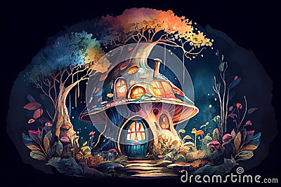 Fantasy fairytale mushroom house, ai illustration Cartoon Illustration