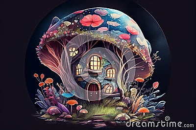 Fantasy fairytale mushroom house, ai illustration Cartoon Illustration