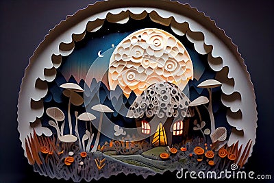 Fantasy fairytale mushroom house in paper quilling style, generative ai illustration Cartoon Illustration
