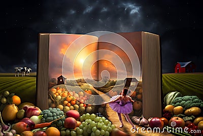 Fantasy farm fairy pops out of an Illustrative story book of harvest to bring forth the blessing of an abundance of farm produce Stock Photo