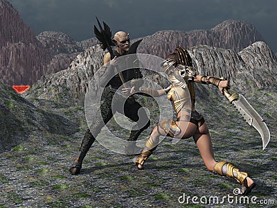 Fantasy female warrior faces goblin in the mountains Stock Photo