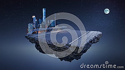 Fantasy floating island with modern city skyline at moon night. Asphalt road at center. Abstract idea and concept Stock Photo