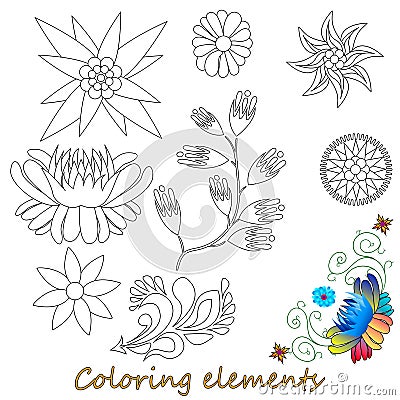 Fantasy flower elements illustration set on white isolated. Vector image. Coloring page Vector Illustration