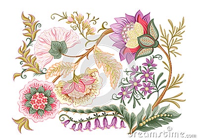 Fantasy flowers in retro, vintage, jacobean embroidery style. Vector Illustration