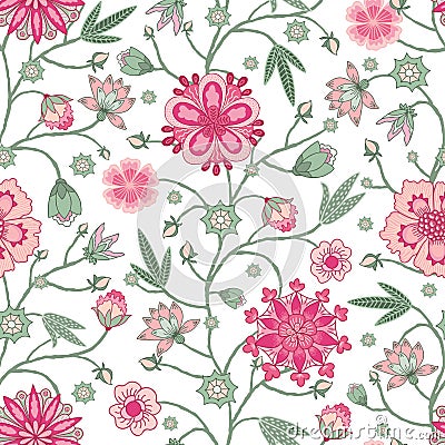 Fantasy flowers seamless pattern. Indian floral style. Chintz fabric, retro, vintage. Vector Illustration
