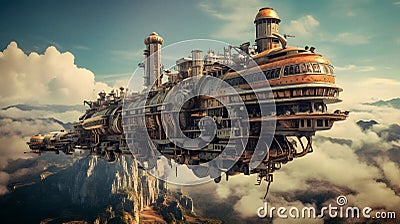 Fantasy Flying Cruise Ship Train in the Sky. Generative AI Stock Photo