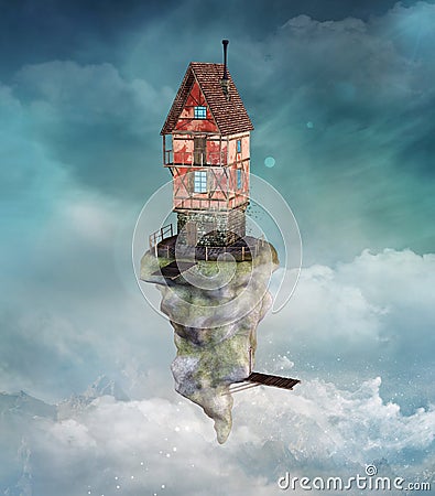 Fantasy flying house on a cloudy sky background Cartoon Illustration