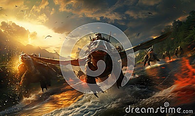 Fantasy flying huge turtles with riders, close-up. Stock Photo