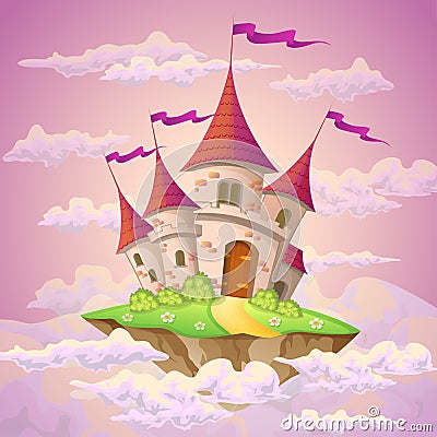 Fantasy flying island with fairy tale castle in clouds Vector Illustration