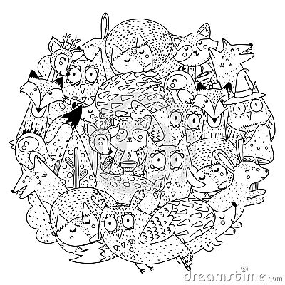 Fantasy forest animals circle shape coloring page. Black and white print Vector Illustration