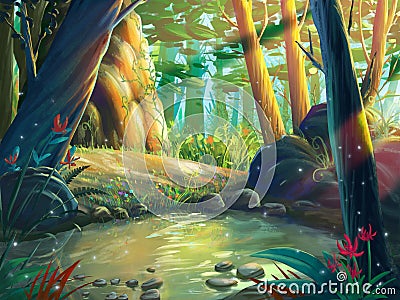 The Fantasy Forest Moring by the Riverside with Fantastic, Realistic and Futuristic Style Stock Photo