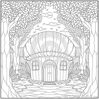 Fantasy forest mushroom house, Adult and kid coloring page Vector Illustration